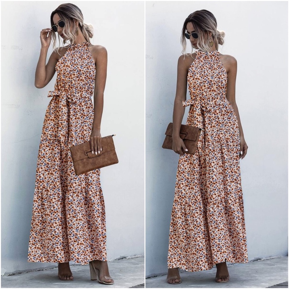 Boho Pastel Green Floral Print Halter Maxi Dress Ruffle - Picture 4 of 13
